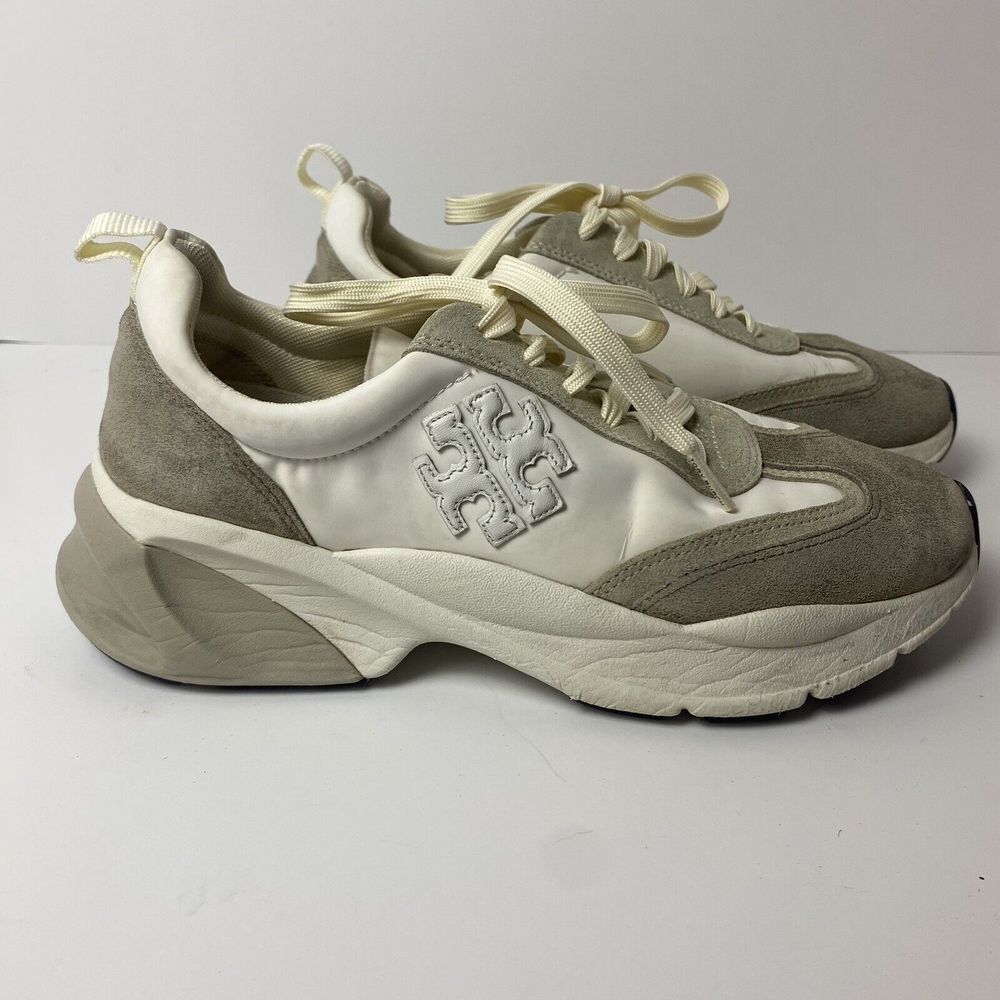 Tory Burch 8M Good Luck Trainer Nylon Nat Suede 83833 White Ivory Cerbiatto 100